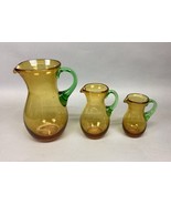 Set Of 3 Art Bubble Glass Hand Blown Pitcher W/  Amber Green Attached Ha... - $24.74