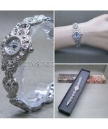 Silver Black Vintage Style Marcasite Crystal Women Jewelry Bracelet Watc... - $26.99