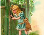 Vtg Postcard 1900s Embossed &amp; Gilded Best Wishes Girl Tying Bow w Gold S... - $6.88