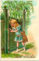 Vtg Postcard 1900s Embossed &amp; Gilded Best Wishes Girl Tying Bow w Gold String - £5.38 GBP