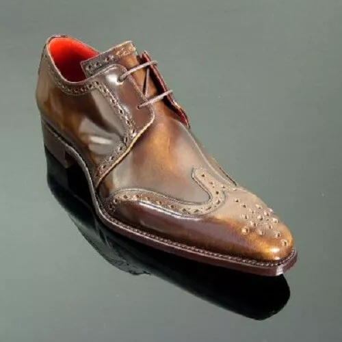 Handmade Men&#39;s Brown Brogue Leather Lace up Chisel Toe Derby Formal Dres... - $159.99