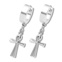 Mens Womens Silver Egyptian Ankh Cross Drop Dangle Hoop Earrings Stainless Steel - £7.16 GBP