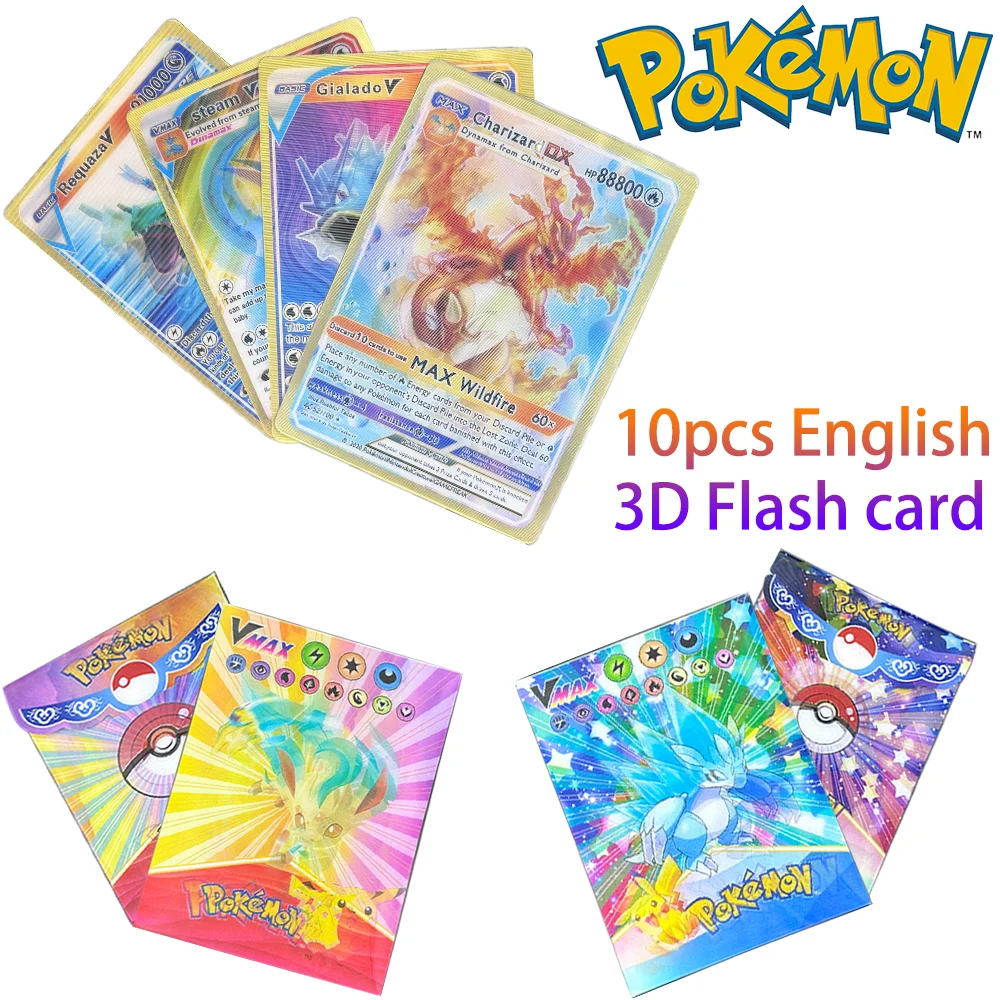 10pcs Pokemon 3D Flash Shining Cards Anime Charizard Pikachu Vmax Battle Game - £7.63 GBP+