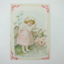 Victorian Trade Card Girl Bonnet Pink Dress Flowers Bird Nest Blue Eggs Antique - £4.69 GBP