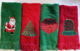 4 Vintage Embroidered Holiday Christmas Decorative Finger Tip Towels Red Green  - £14.16 GBP