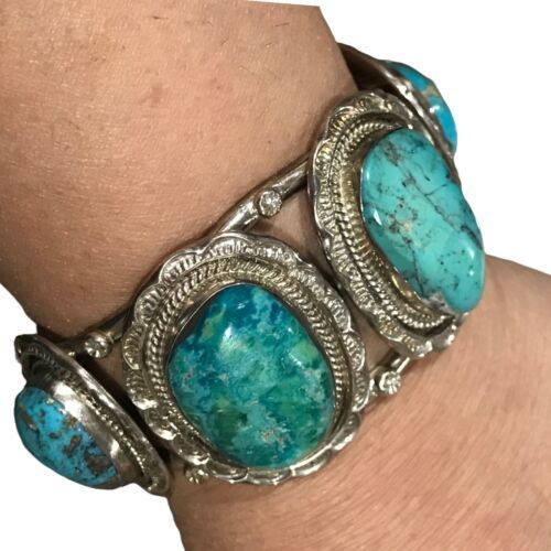 Primary image for Navajo Vintage Sterling Silver & Turquoise Large Southwest Cuff Bracelet 97.6 Gr