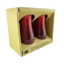LE CREUSET Salt &amp; Pepper Shakers Set Cerise Volcanic Flame Stoneware 3 in. Tall - £54.88 GBP