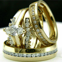 2.50Ct Round Simulated Diamond His &amp; Her Ring Trio Set925 Silver Gold Plated - £101.98 GBP
