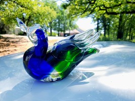 MCM Murano Italian Art Glass 6.5&quot; Cobalt, Green Sommerso Duck Sculpture Figurine - £41.50 GBP