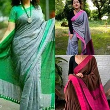 Women&#39;s Khadi Cotton Soft Saree with Running Blouse - $21.27