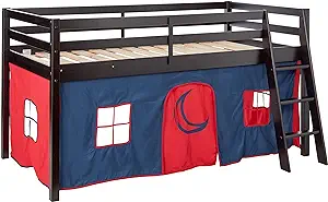 , Pine Wood, Roxy Twin Junior Loft Bed, Espresso Frame, Blue &amp; Red Tent,... - $454.99