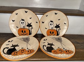 Eli Ana Happy Halloween Bat Black Cat Pumpkin Spiderweb Salad Plates S/4... - $65.00
