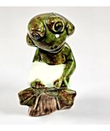 Green Frog Figurine 2.5in Sitting with Book Stoneware Toad Statue VTG Cute - $13.78 CAD