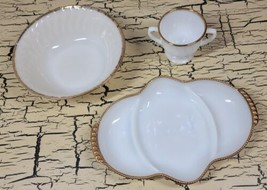 3 Vtg Fire King White Glass Gold Accent Serving Bowl Dish Tray Creamer Lot USA - £22.70 GBP