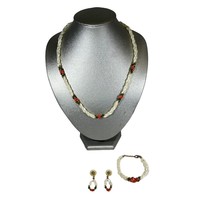 Braided Rice Mother Of Pearl Jade Coral Vintage Necklace Bracelet Earrings Set - £21.96 GBP