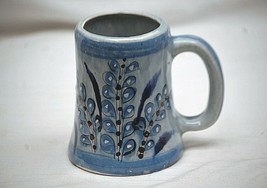 Old Vintage Stoneware Art Pottery Blue Mug Tankard w Bird &amp; Flowers Mexico - $19.79