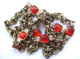 Bassett BR Necklace Pave and Red Orange Moonglow Beads Double Link Chain Vintage - £49.47 GBP