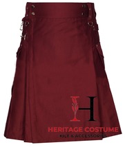 Scottish Handmade Burgundy Cotton Utility kilt Fashion Kilt Gol Pockets ... - $69.00+