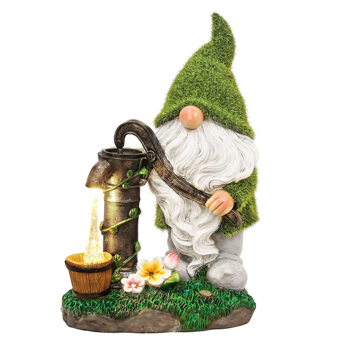 Floc Green Hat Garden Gnome Ornaments Outdoors Solar Powered Light Resin Dwarf F - £157.57 GBP