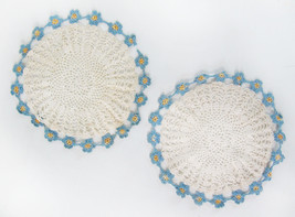 Lot Of Two 8&quot; Pretty Vintage Hand Crochet Lace Doilies - Blue And Yellow - £19.46 GBP