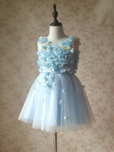 Full Flowers Embroidery Short Flower Girl Dress Blue Wedding Birthday Dress NWT image 8