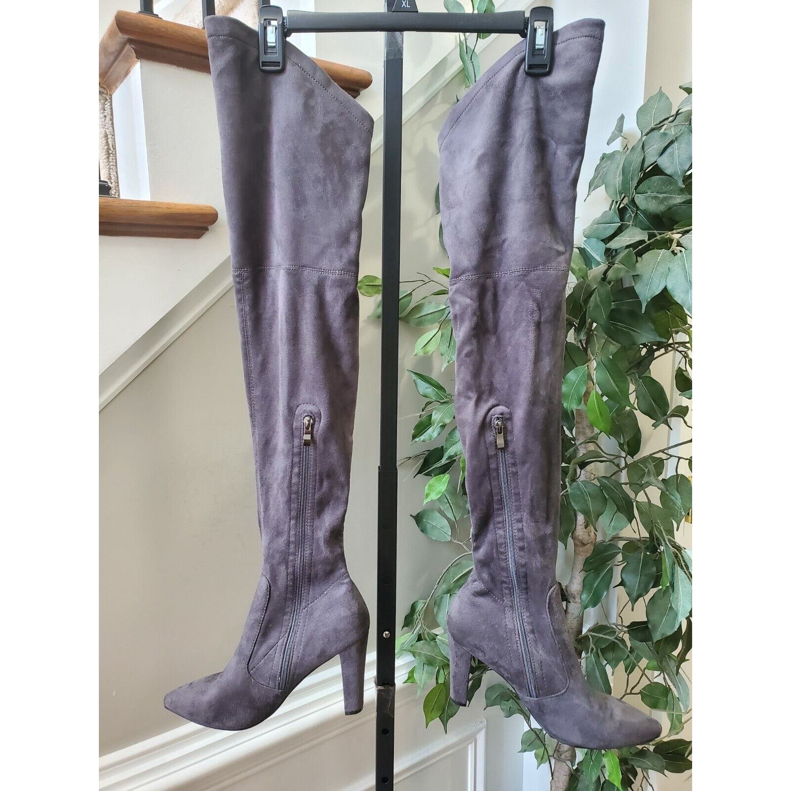Gray Women's Suede Leather Pointed Toe Block Heel Knee High Boots Size 41 (9.5) Item image 2
