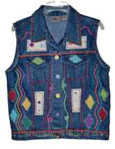 Womens Don’t Mess With Texas Blue jean Vest M Boho Embroidered Cool Designs - £22.10 GBP