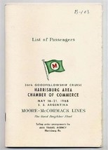 Moore McCormack SS Argentina Special Passenger List 1968 Harrisburg  - $34.61