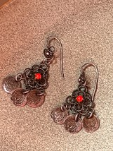 Lacey Darkened Silvertone Small Chandelier w Bright Red Tiny Bead Dangle Earring - £9.05 GBP