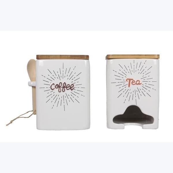S/2 Ceramic Coffee/Tea Holder with Wood Lid and Spoon Set - $87.00