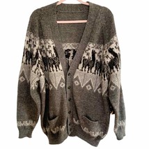 Vintage Grey Black Peruvian Wool Blend Alpaca V Neck Cardigan Grandpa Large Rare - £62.52 GBP