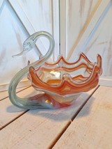 Vintage Mid Century Hand Blown Multicolored Swirl Glass Swan Bowl - $27.72