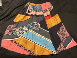 Boho Patchwork Midi Skirt Multicolor Pleated Lined Pull-On Elastic Waist M - $375.90 MXN