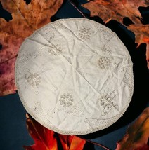 Vintage Small Circle Tablecloth Hand Stitched Embroidery Floral Beige 36... - $33.24 CAD