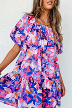 Purple Flower Print Short Puff Sleeve Ruffled Dress - $16.15