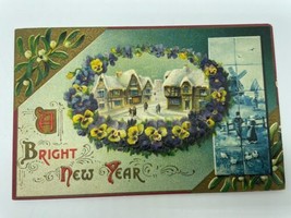 c1914 Vintage Postcard Floral Bright New Year Snow Houses Windmill - £5.30 GBP