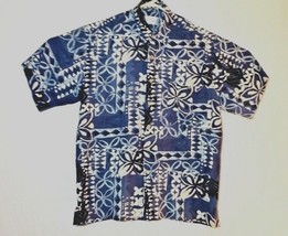 Silk Aloha Batik Blue Hawaiian Camp Shirt Short Sleeve Bill Blass Mens Lrg - £27.96 GBP
