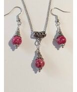 Variscite silver Victorian jewelry set pink red silver Variscite set ear... - $52.00