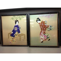 2 signed japanese paintings of women in flower kimonos from marshall field &amp; co. - £383.63 GBP