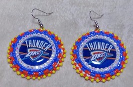 Native American Hand Beaded Dangle Earrings OKC Thunder Basketball Logo Big Blue - £31.89 GBP
