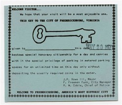 Key to the City of Fredricksburg Texas 1971 One Day Unlimited Free Parking  - £21.77 GBP
