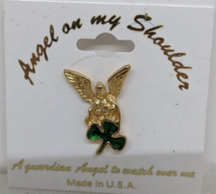 Irish Goldtone Enamel Guardian Angel vintage Shamrock tack pin St Patrick day - £9.52 GBP