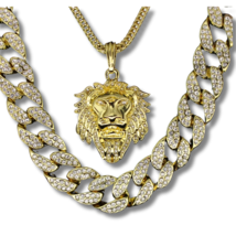 Mens 3pc Set Lion Head Cuban Link 14k Gold Plated 24&quot; 30&quot; CZ Chains Hip Hop - £24.77 GBP