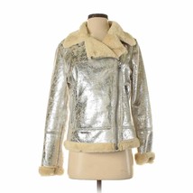 TOMMY HILFIGER Distressed Silver Metallic Shearling Motorcycle Jacket Petite S - £156.50 GBP