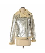 TOMMY HILFIGER Distressed Silver Metallic Shearling Motorcycle Jacket Pe... - £156.12 GBP