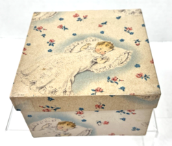Antique Paper Gift Box w Baby on Pillow w Pink Flowers Design 4 3/4 x 2 ... - $9.41