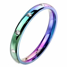 Rainbow Eternity Anniversary Ring Stainless Steel Cubic Zirconia Wedding Band - £12.73 GBP
