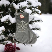 Christmas Holiday Stocking with Silver Sequin Snowflake Gray Velvet  18&quot;  NEW - £7.70 GBP