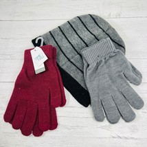 Time Tru Super Soft Women Gray Stocking Hat 2 Pair Gloves Red Set - £15.84 GBP