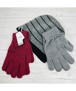 Time Tru Super Soft Women Gray Stocking Hat 2 Pair Gloves Red Set - £15.72 GBP